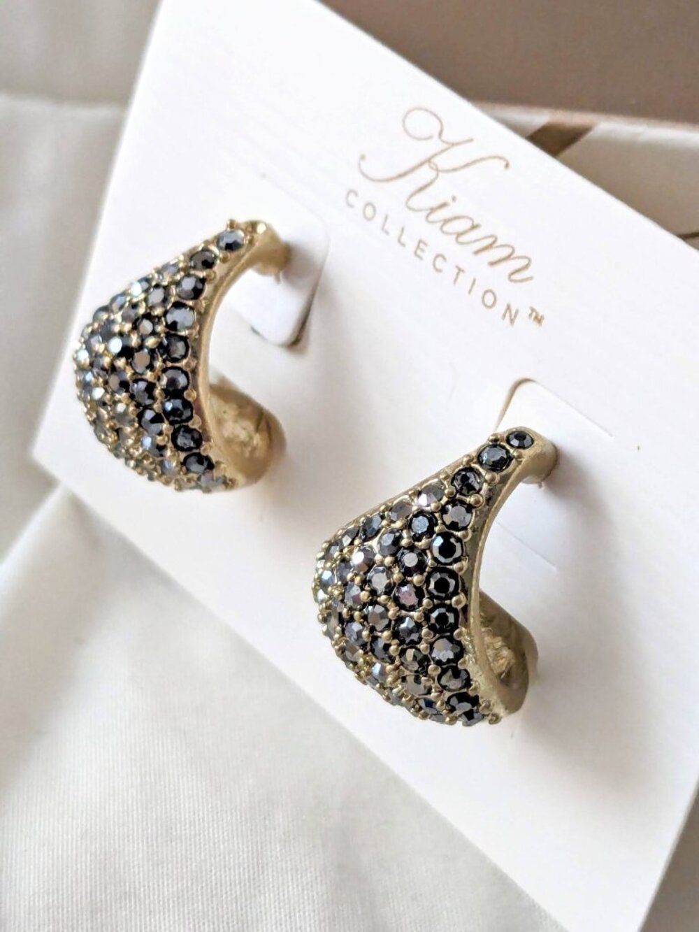 Lia Sophia Kiam Collection Genuine Hematite Crystals Pave Gold Hoop Earrings NWT